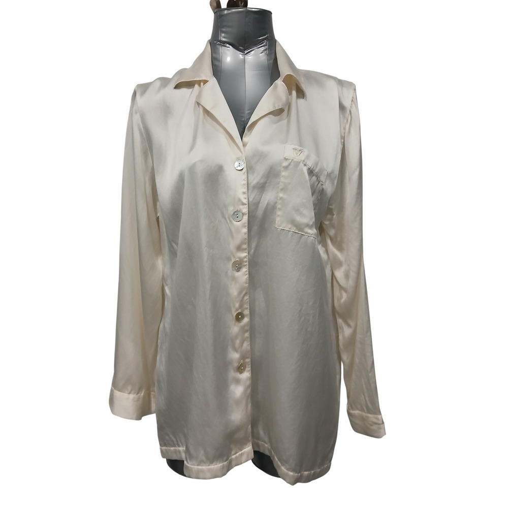 Frette Italy 100% Silk Pajama Top Ivory Cream Button Down Shirt Embroidered‎ Lg